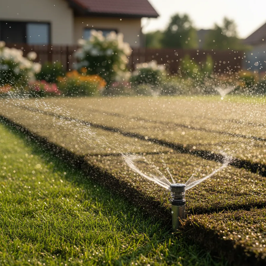 Rollrasen Bewässerung: Rasensprinkler bewässert neu verlegten Rollrasen mit feinem Wassernebel