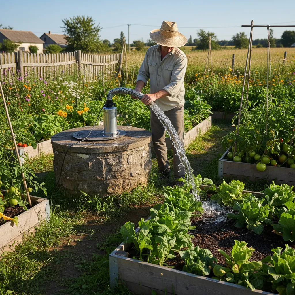 Gartenbewässerung mit Tauchpumpe aus Schachtbrunnen, Wasser wird direkt zu Gemüsebeeten gepumpt