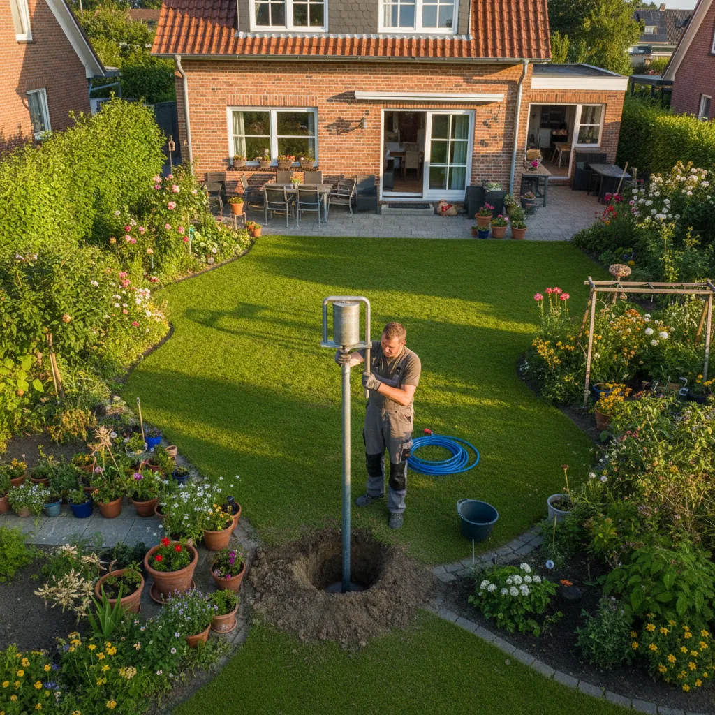 Heimwerker rammt mit Handramme ein angespitztes Brunnenrohr in die Erde – praktischer Brunnenbau im heimischen Garten