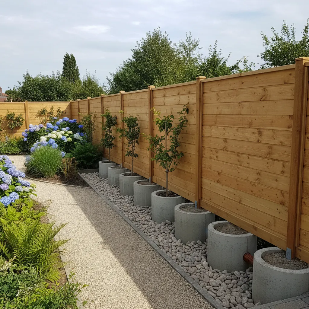 Komplette Installation eines Holz-Sichtschutzzauns mit Palisaden, professioneller Entwässerung und stabilen Fundamenten im Garten