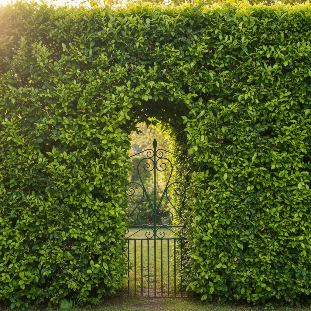 Sichtschutz Pflanzen: Gepflegte Hecke aus Lebensbaum und Buche mit dichtem Wuchs und schöner grüner Färbung im Frühling