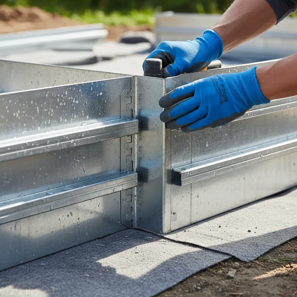 Detail der Stahlwandpool-Eckenverbindung: Schienensegmente ineinander gesteckt, Schutzgewebe sichtbar, exakte Handwerksarbeit beim Zusammenbau