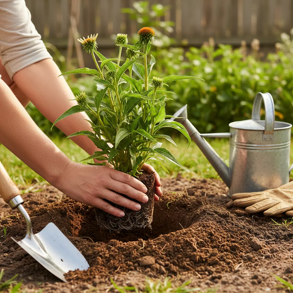 Detailaufnahme beim Einpflanzen einer Staude in vorbereitete Gartenerde, mit sichtbarem Arbeitsablauf und Gartenwerkzeugen