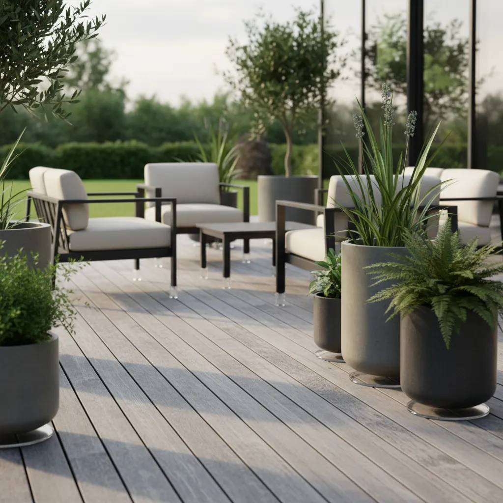Verwitterte Teak Terrasse mit silbergrauer Patina, Pflanzenkübeln mit Abstandshaltern und modernen Gartenmöbeln