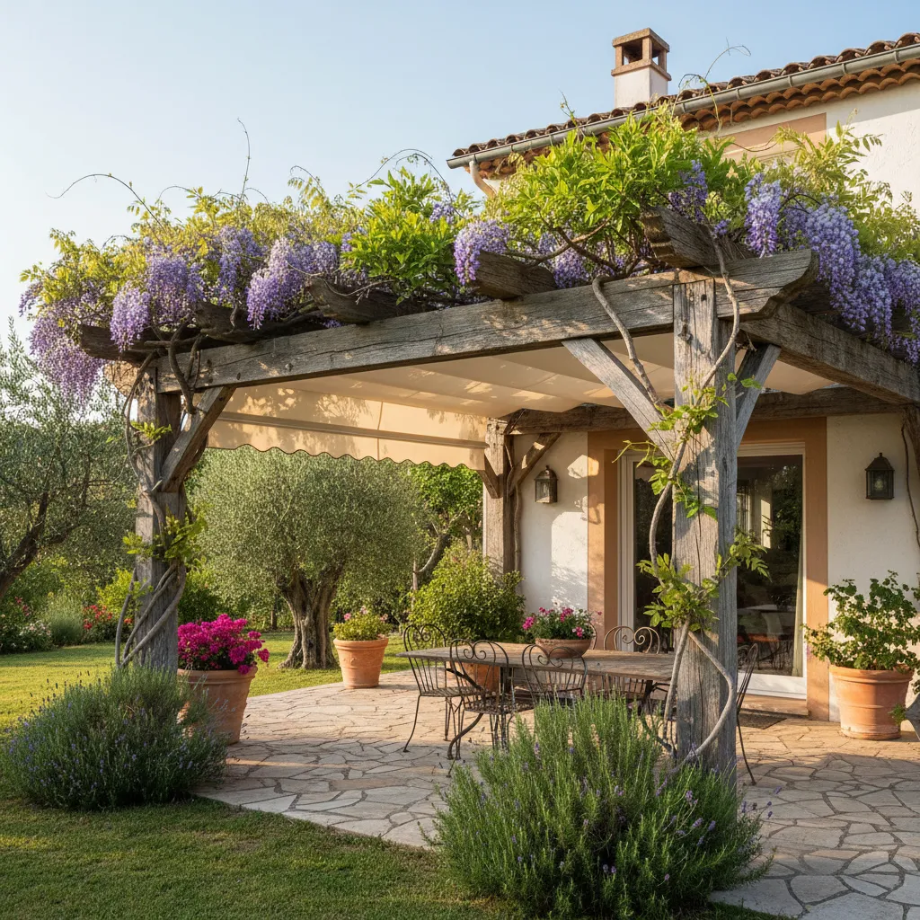 Holz-Pergola mit Efeu- und Blauregenbepflanzung, ausfahrbare Markise, an Haus angebaut