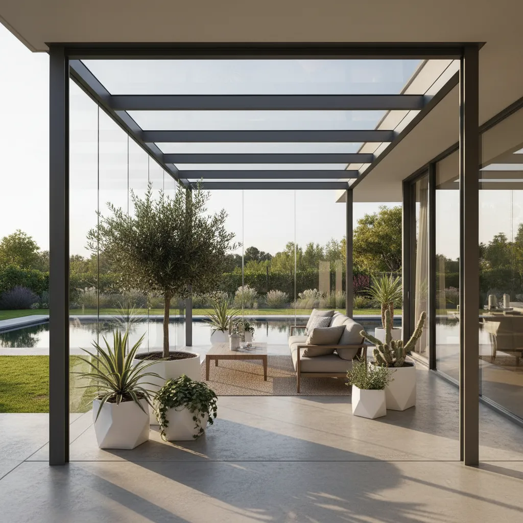 Terrassenüberdachung aus Glas und Aluminium mit modernem Design – Sicherheitsglas lässt Tageslicht durch