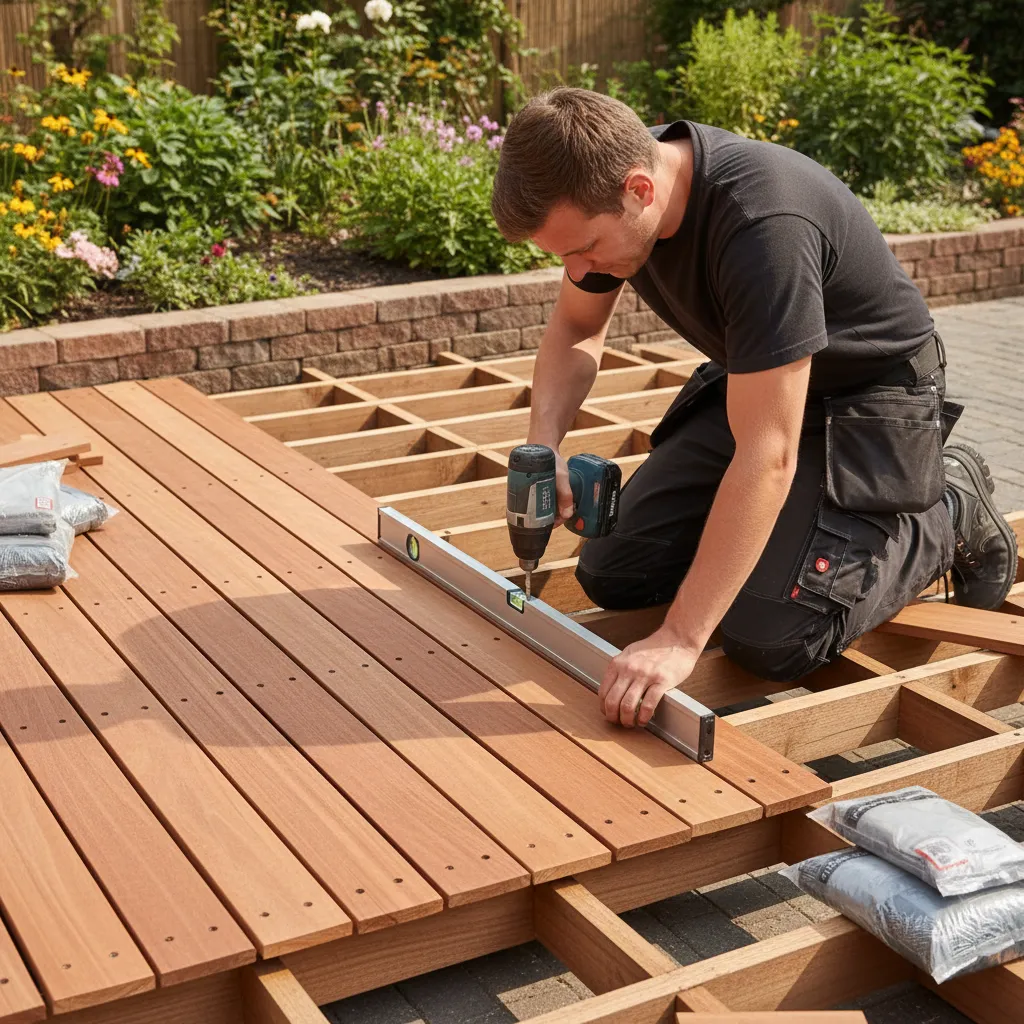 Fachgerechte Verlegung von Bangkirai-Terrassendielen durch Gartenbaubetrieb mit Vorbohren und Gefälleverlegung