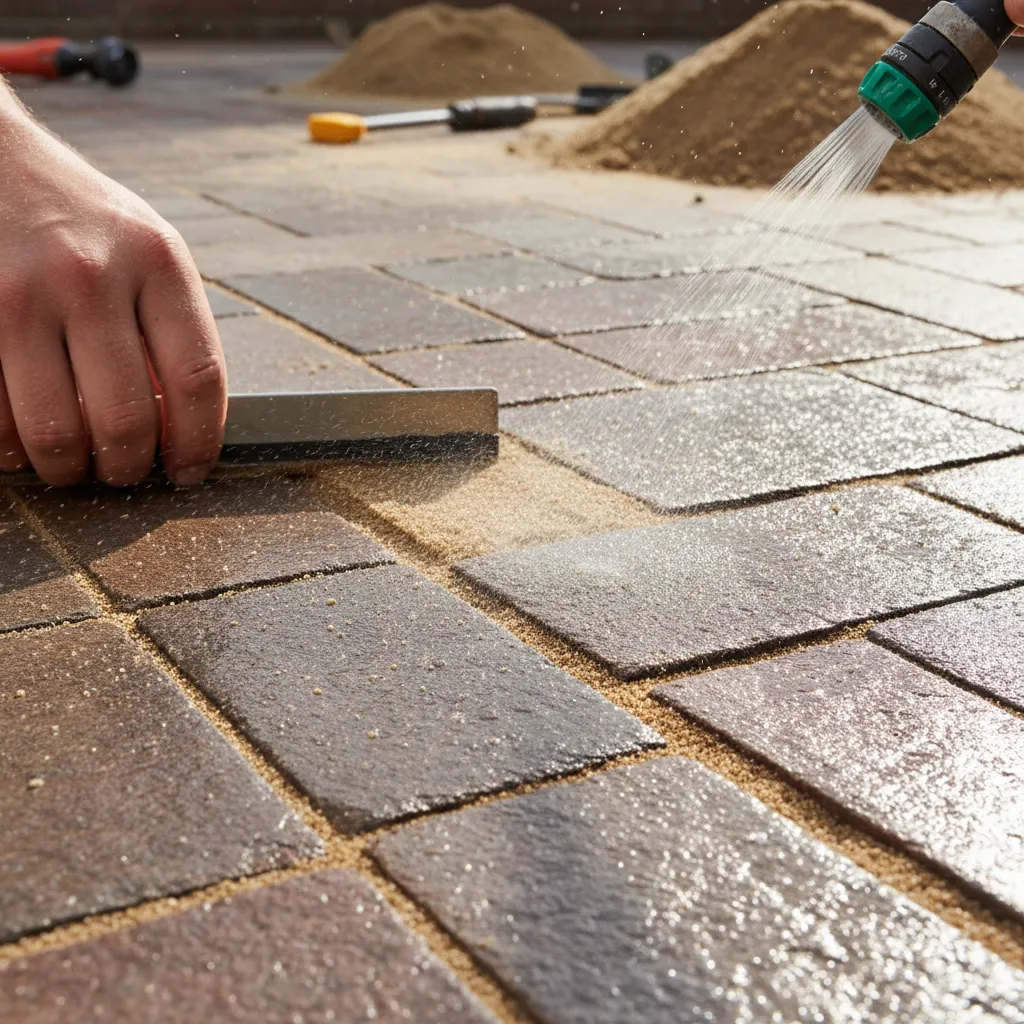 Detailaufnahme von Terrassenplattensugen während der Verfugung mit Fugensand und professionellem Fugenwerkzeug
