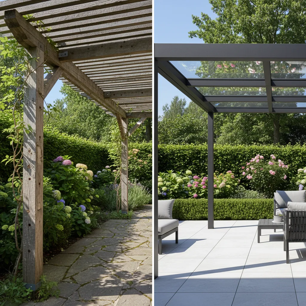 Vergleich: Links eine gepflegte Holz-Terrassenüberdachung, rechts eine moderne Aluminium-Terrassenüberdachung mit Glasdach, beide in ähnlichem Garten