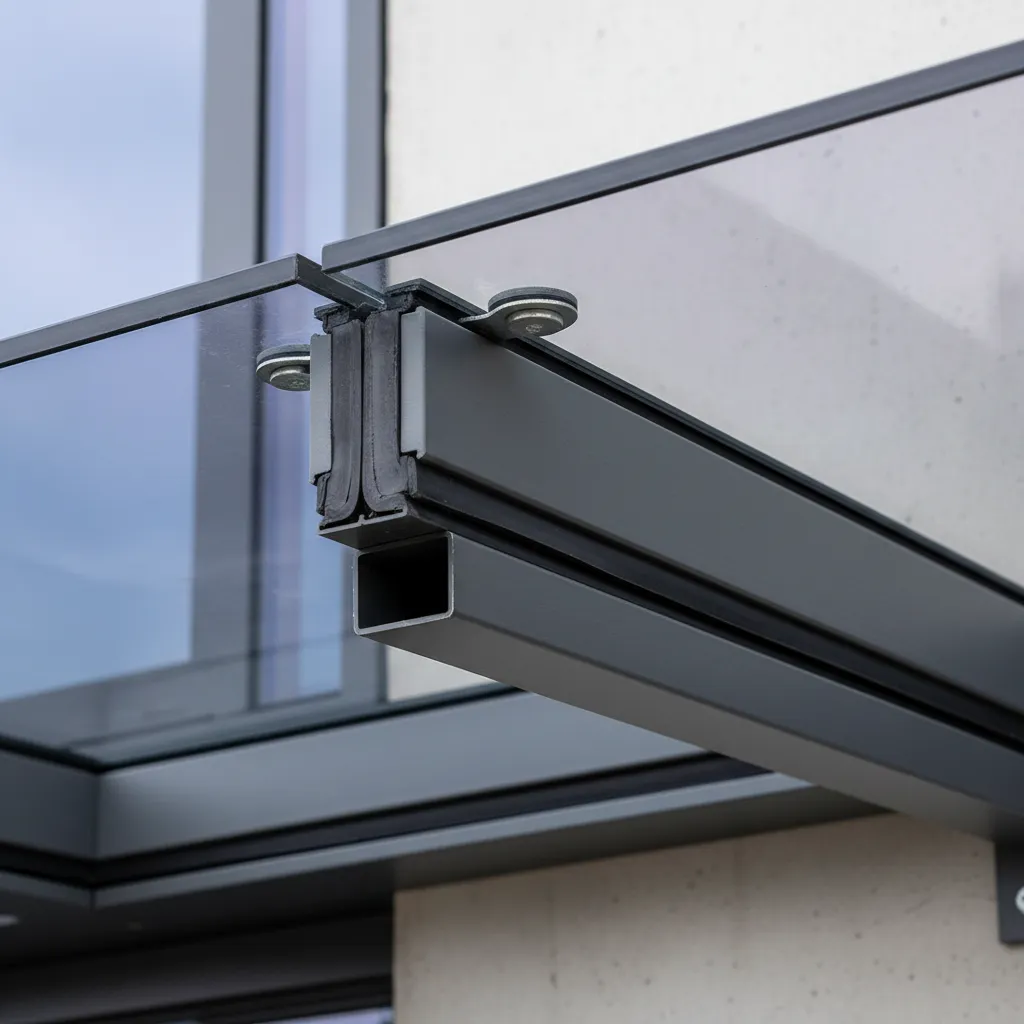 Detailaufnahme einer Glasdach-Montage mit Aluminiumrahmen und Entwässerungssystem