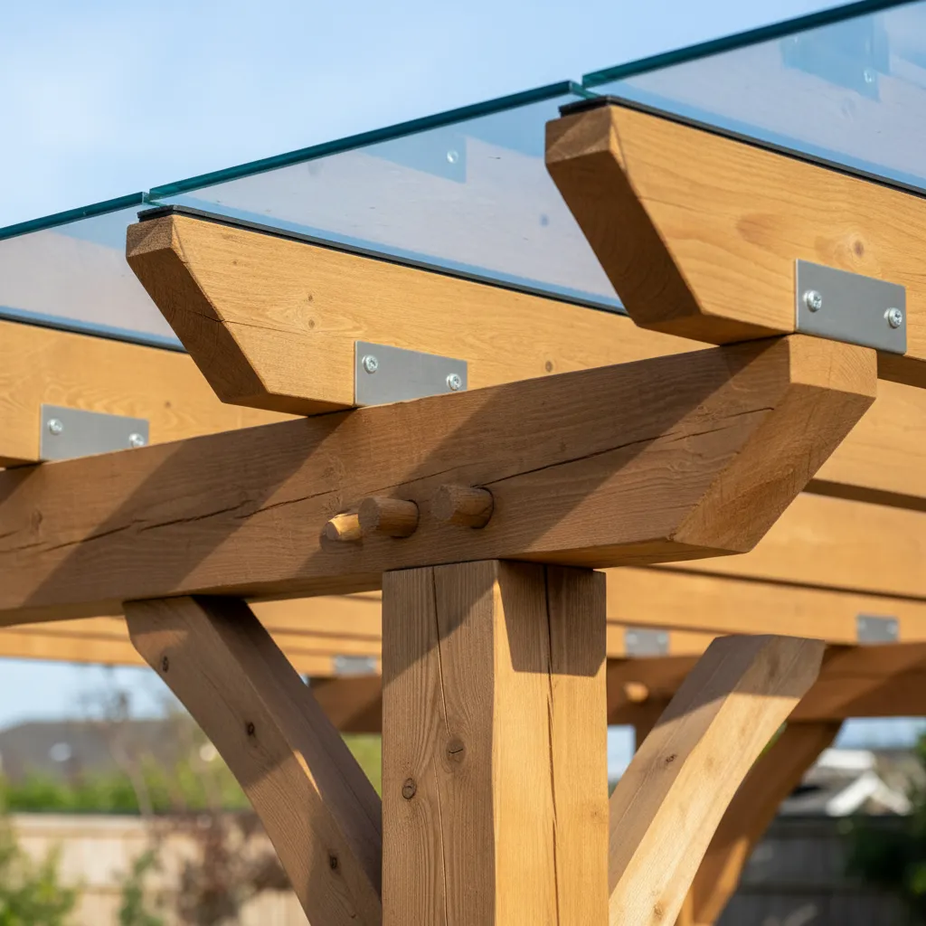 Detailaufnahme einer Holz-Terrassenüberdachung mit Glaseindachung, zeigt Holzrahmen und Verbindungen mit Glasflächen