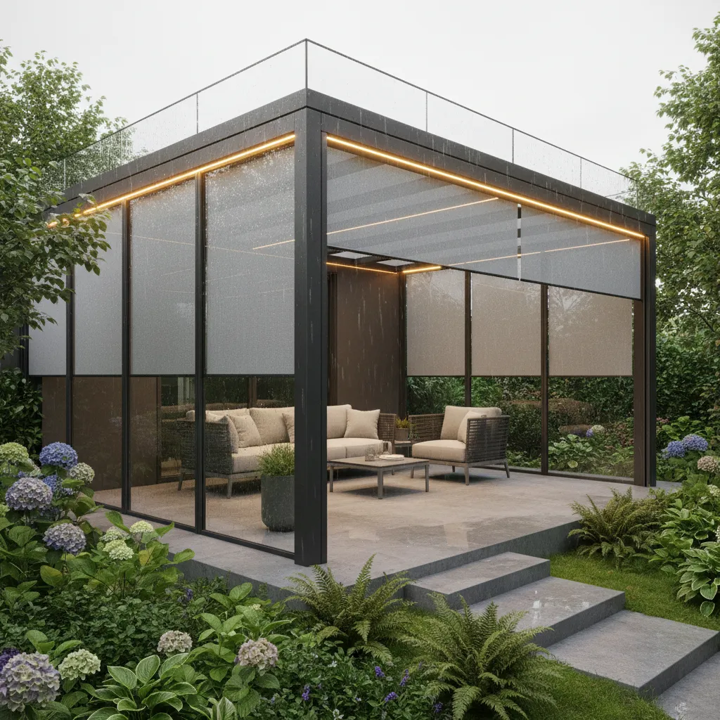 Eine hochwertige Glasüberdachung mit integrierter Elektrobeschattung und LED-Beleuchtung, zeigt Premium-Variante mit allen Zusatzausstattungen einer Terrassenüberdachung