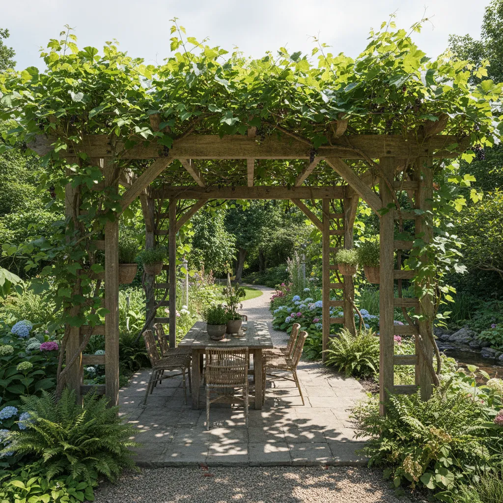 Freistehende Holz-Terrassenüberdachung im Garten mit Wildem Wein bewachsen – natürliche Verschattung und grüner Garten-Charakter