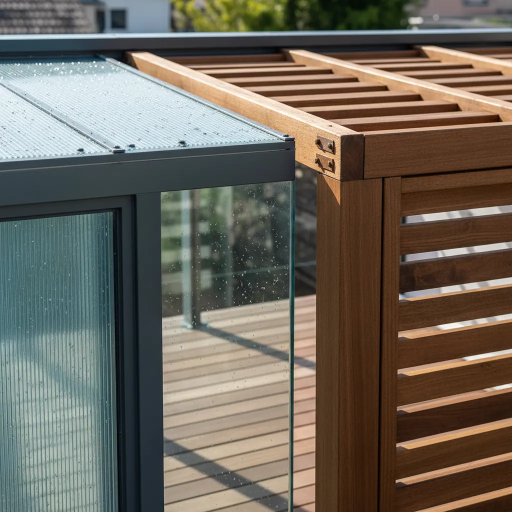 Detailaufnahme verschiedener Terrassenüberdachungs-Materialien: Kunststoffplatten, Sicherheitsglas und Holzträger im Materialvergleich