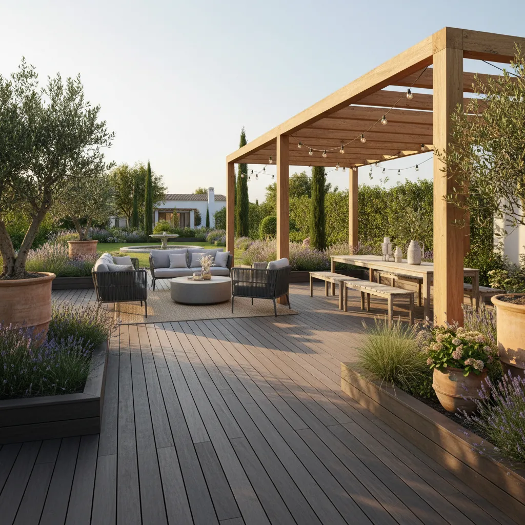 Fertig verlegte Thermoesche Terrasse an einem modernen Wohnhaus mit Möbeln und Bepflanzung