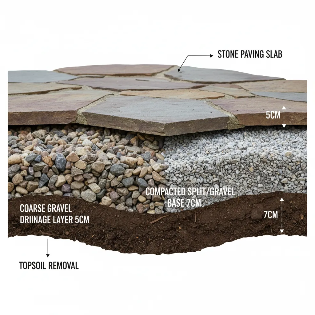 Schnittdarstellung Schichtaufbau unter Terrassenplatten: Entwässerungsschicht, verdichteter Splitt 7cm, Betonplatte oben, mit Messskala