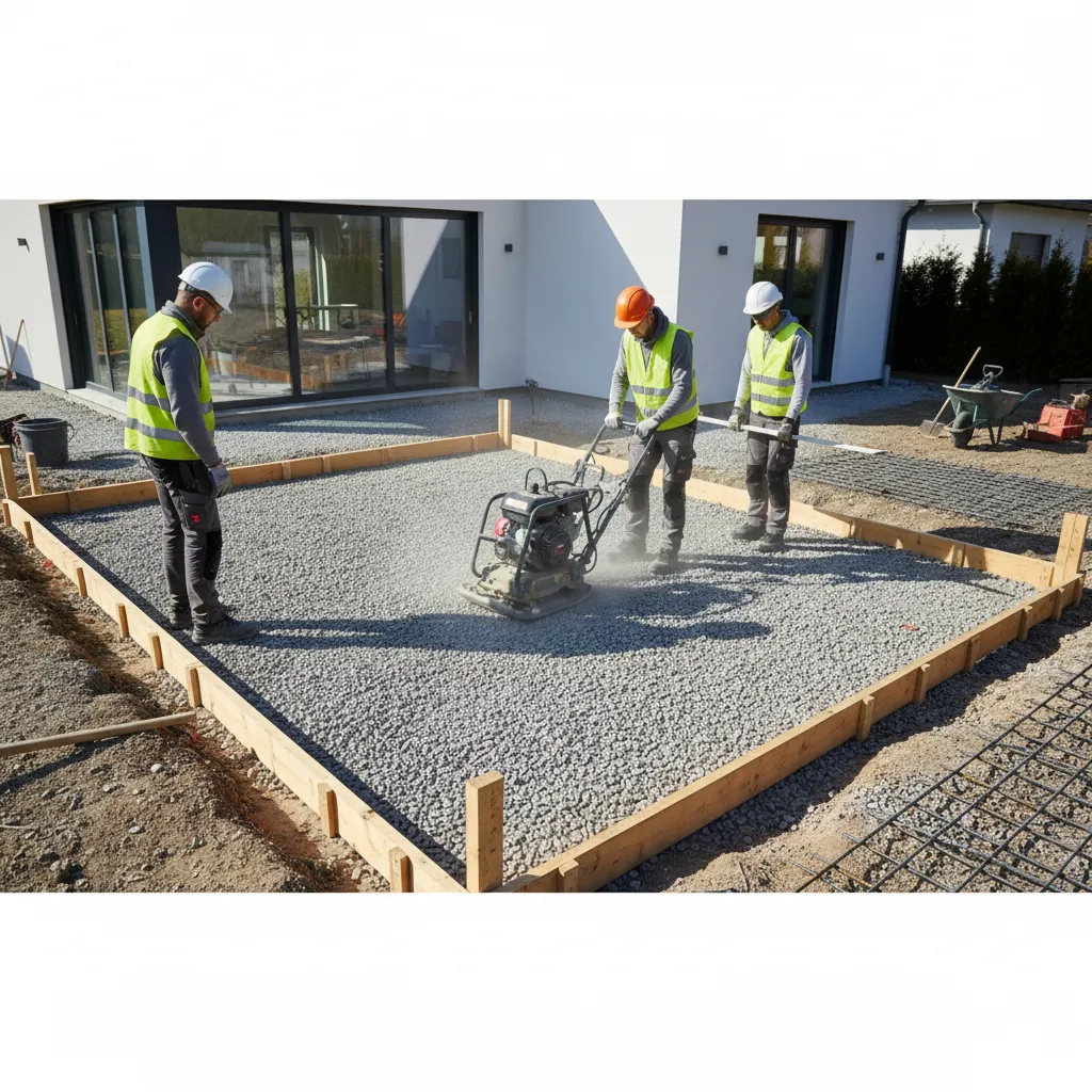 Bauarbeiter bereiten die Betonierbaustelle für ein Wintergarten-Fundament vor mit Rüttelplatte und Holzschalung