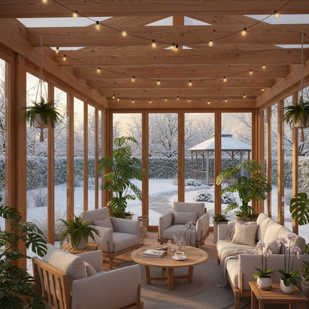 Gemütlicher Holz-Wintergarten mit natürlichen Holzrahmen – zeigt die warme Atmosphäre von Wintergarten Materialien aus Holz