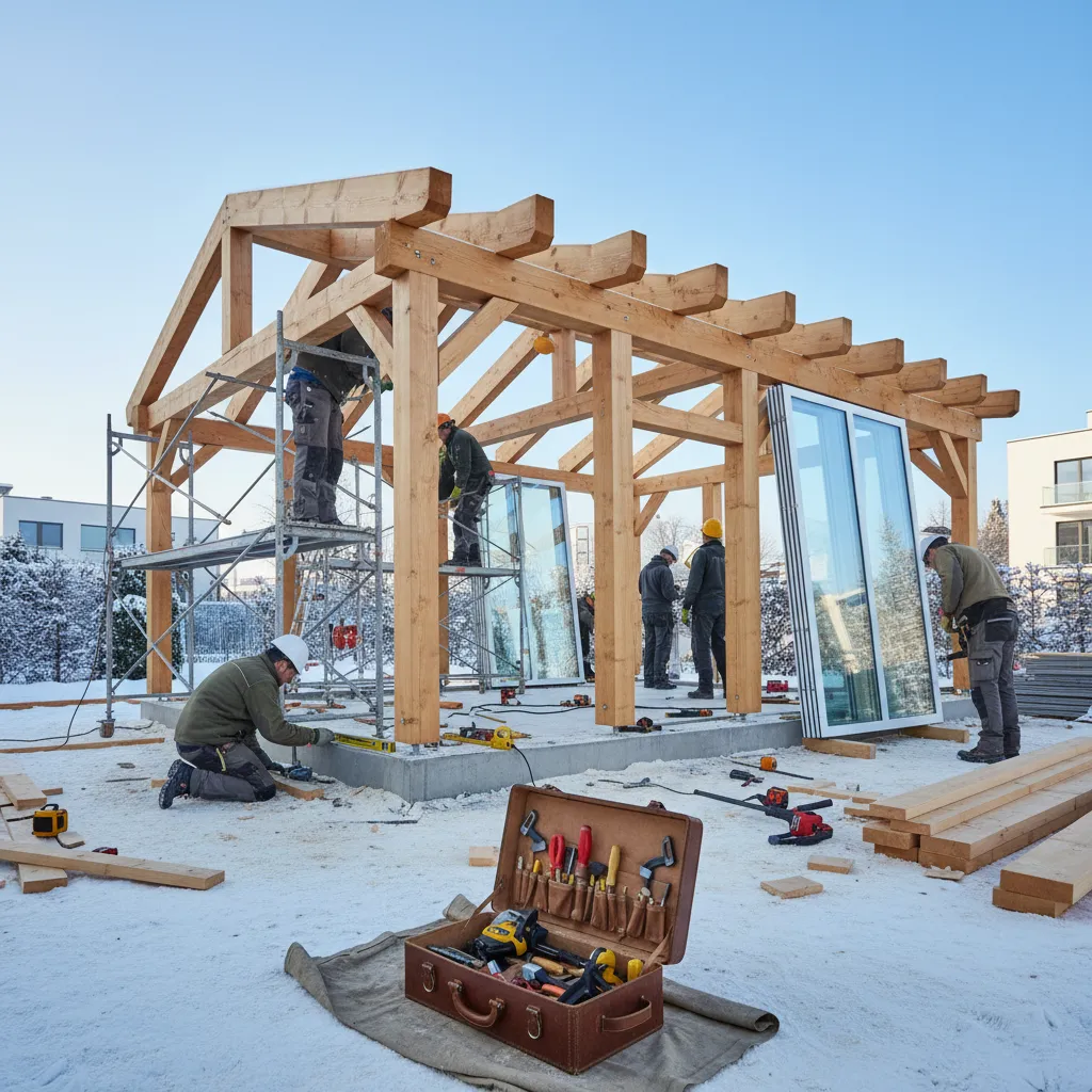 Wintergarten im Aufbau: Handwerker bei der Montage des Holzrahmens und Fundaments, Glaspaneele bereit zur Installation – professioneller Wintergartenbau