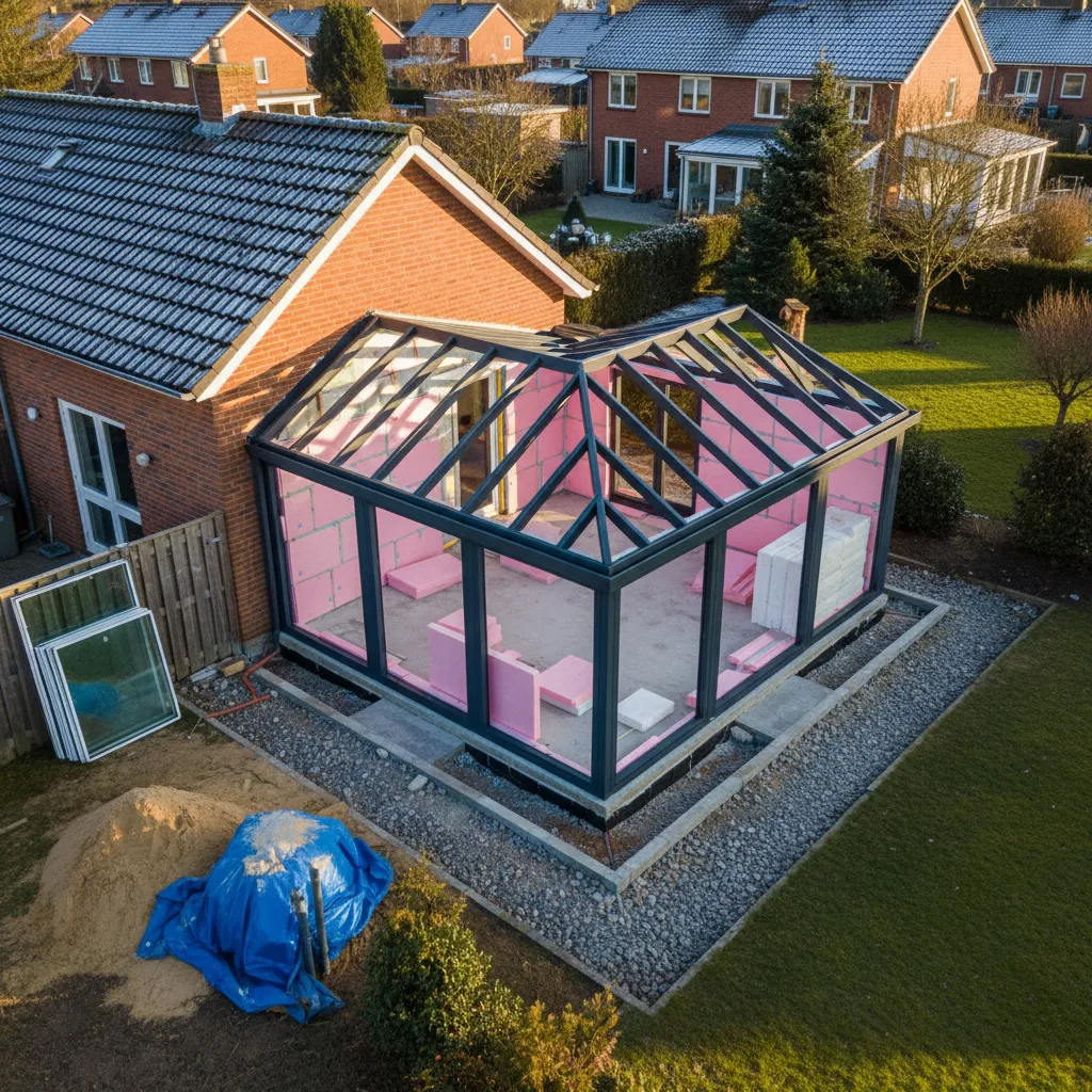 Fertig montierter Aluminium-Rahmen eines Wintergartens auf Terrasse, zeigt die korrekte Ausrichtung und Fundamentierung beim Wintergarten selber bauen