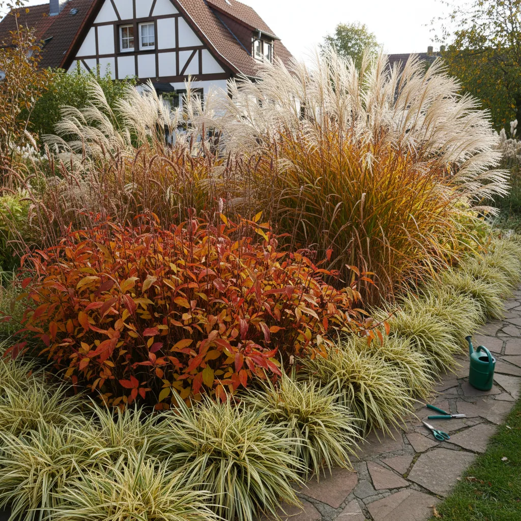 Gartenbeet mit verschiedenen winterharten Gräsern in Herbstfärbung – hohe Miscanthus, mittelhohes Panicum und niedrige Carex-Sorten zeigen die Vielfalt und Strukturvielfalt