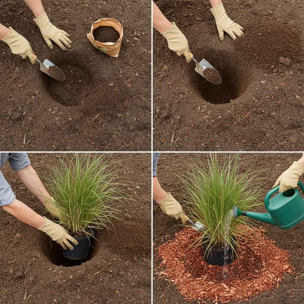 Pflanzanleitung für Ziergräser in 4 Schritten: Bodenvorbereitung, Loch graben, Pflanze einsetzen, angießen – praktische Gartenarbeit