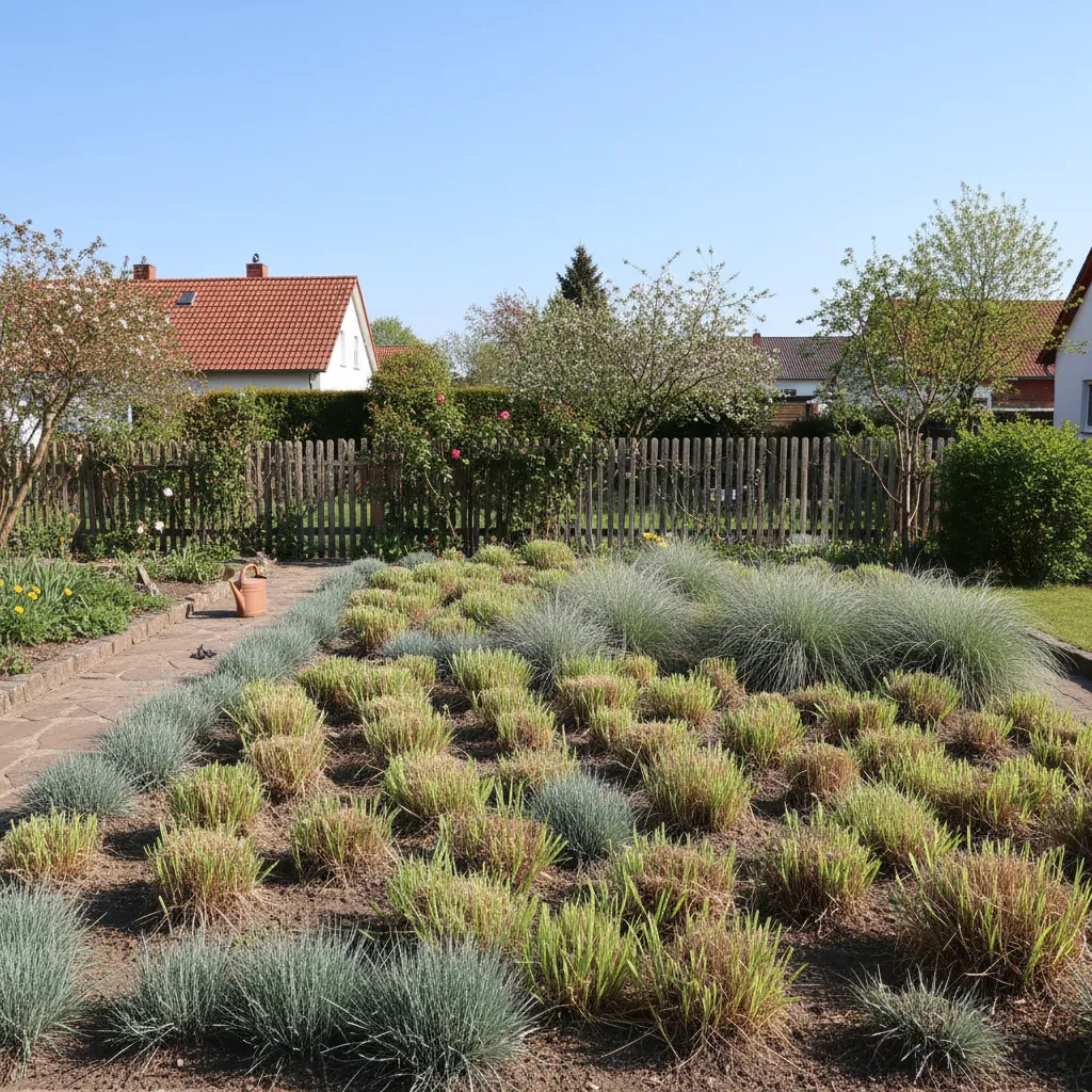 Gartenbeet mit geschnittenen Ziergräsern: kompakte Wuchsformen, frischer Austrieb, verschiedene Grässorten in korrekter Schnitthöhe, gepflegtes Gartenbild nach Frühjahrsschnitt