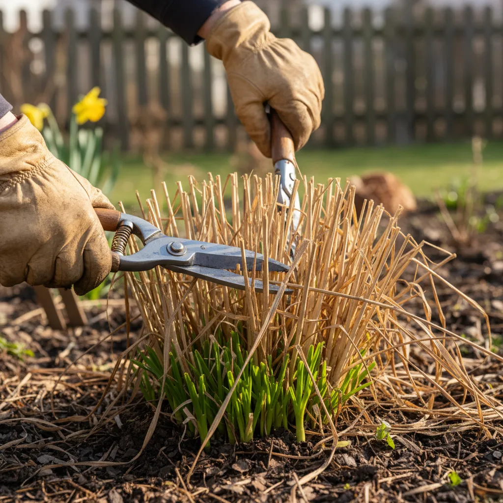 Detailaufnahme: Gartenschere schneidet braune Grashalme ab, grüne Neuaustriebe an der Basis sichtbar, fachmännischer Schnitt von Ziergräsern im Frühjahr