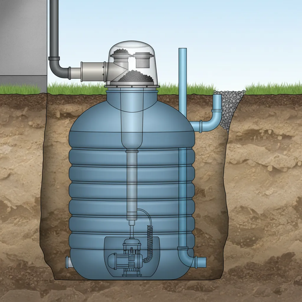 Regenwasserzisterne Funktionsweise: Querschnitt einer unterirdischen Zisterne mit Filter, Pumpe und Rohrleitungssystem