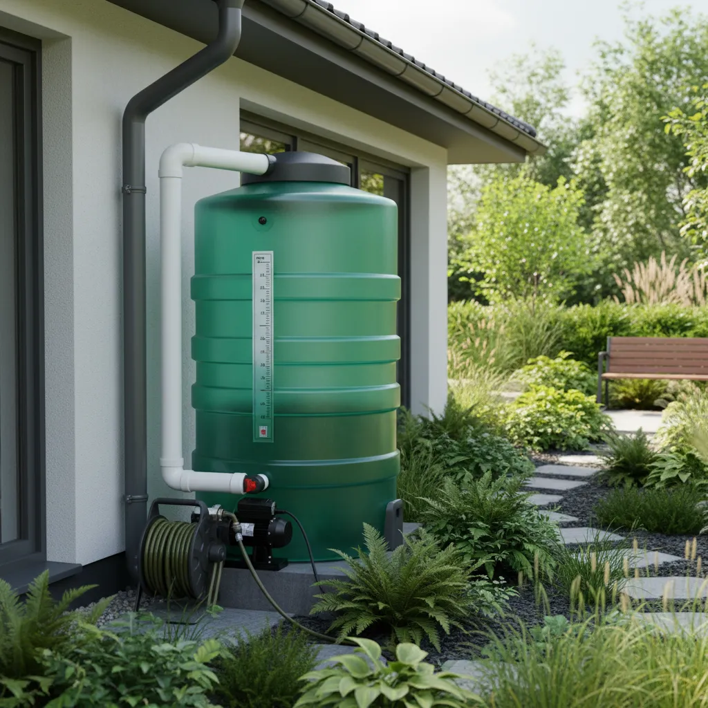 Oberirdische Kunststoff-Regenwasserzisterne im Garten mit Pumpe, sauberes Wasser, angeschlossene Bewässerungsleitung, Filter- und Ablasssystem sichtbar, gepflegter Garten im Hintergrund